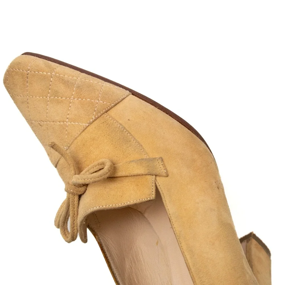 Vintage Chanel Beige Brown Quilted Cap Toe Suede Block‎ Heel PUMPS Size EU36/US6